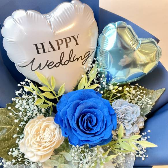 ローズスタンディングブーケ  Happy Weddingバルーン ブルー【P-178】